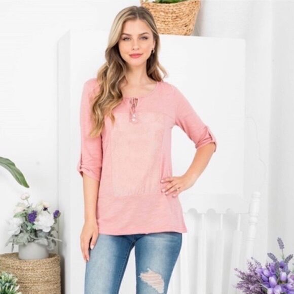 Pink Floral Embroidery Slub Style Top - Picture 1 of 3